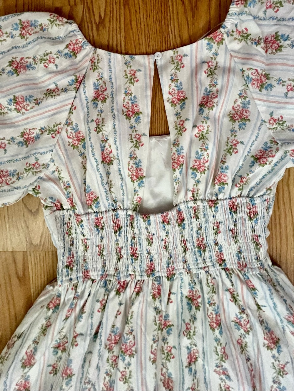 Floral Puff Sleeve Maxi Dress - White with Pink & Blue Floral Print - Picture 9 of 11